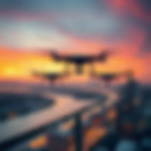 Aerial view of two drones flying over a New Jersey skyline at sunset, highlighting their presence in the sky.
