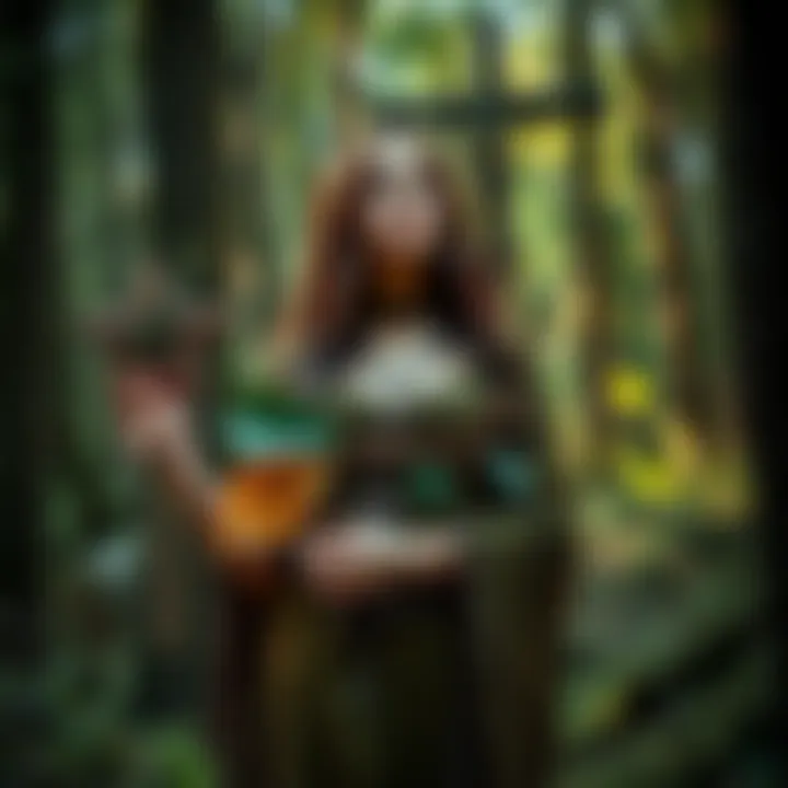 A druid woman stands in a forest holding nature symbols, representing her pagan beliefs. She appears contemplative amid trees, showing the contrast with a Christian symbol in the background.