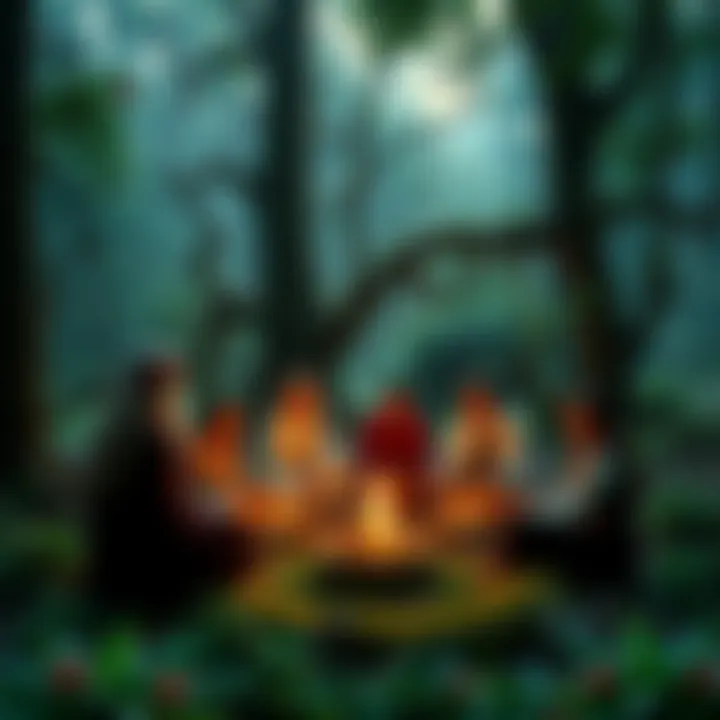 A group of people in nature practicing Druidry, surrounded by trees and plants, symbolizing harmony with the environment.