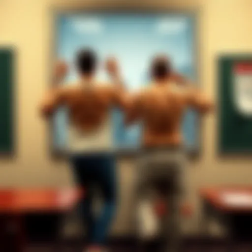 Two men showing their bare backsides through a classroom window, surprising students and a teacher inside