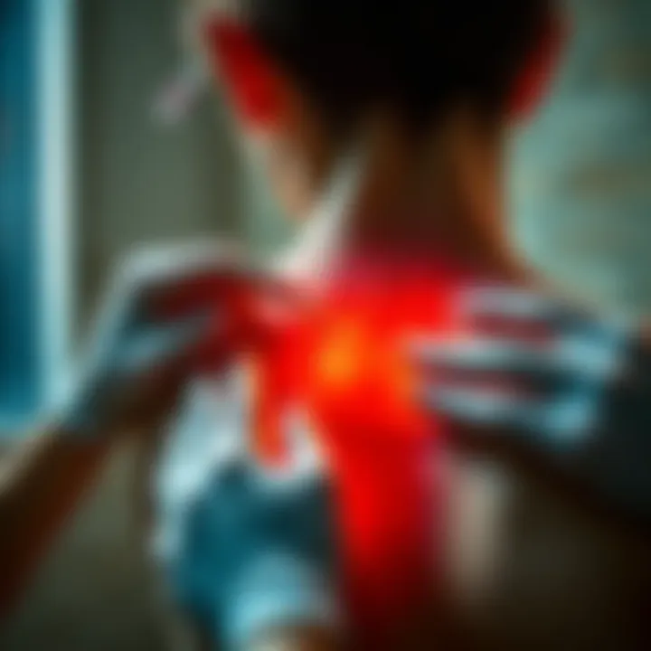 A therapist performing dry needling on a patient's upper back to relieve muscle tension, showcasing the needle insertion and patient's reaction to the treatment.