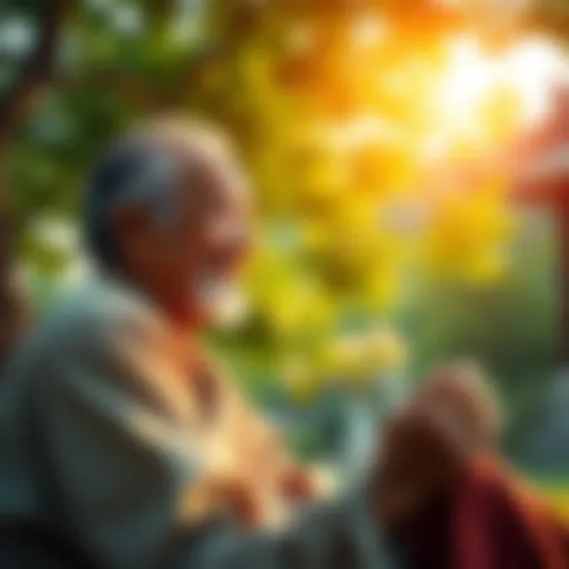 A serene image of a thoughtful man with a gentle smile, seated under a tree, contemplating enlightenment and consciousness.