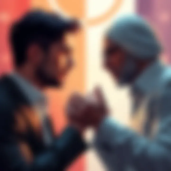 Two people engaged in a thoughtful debate, representing different viewpoints, with a split background symbolizing dualism.