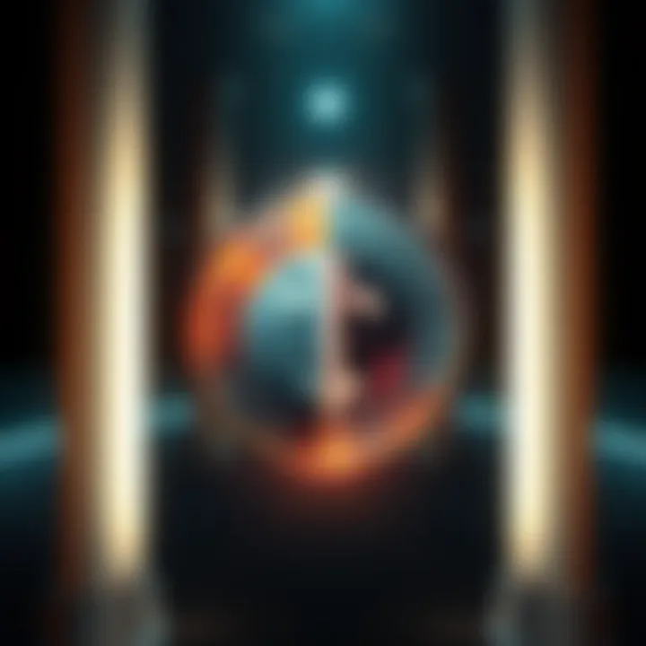 An abstract representation of duality and nonduality, showing two contrasting shapes merging into one harmonious form.