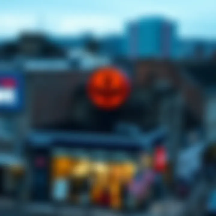 A blurry view of a mysterious symbol on the rooftop of a sports store on Henry Street in Dublin, with city buildings in the background.