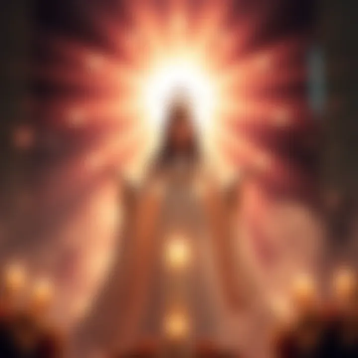 A serene setting with a figure representing Duchess Bune, surrounded by light and symbols of gratitude, showcasing personal transformation and blessings.