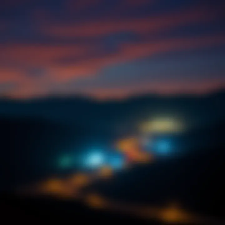 Dulce Base at Night A dark landscape of Dulce Base with glowing lights in the sky and silhouettes of mountains.