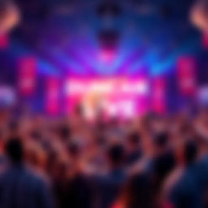 A vibrant scene showing fans gathered to discuss the return of Duncan Live in 2025, with banners and lively expressions of excitement.