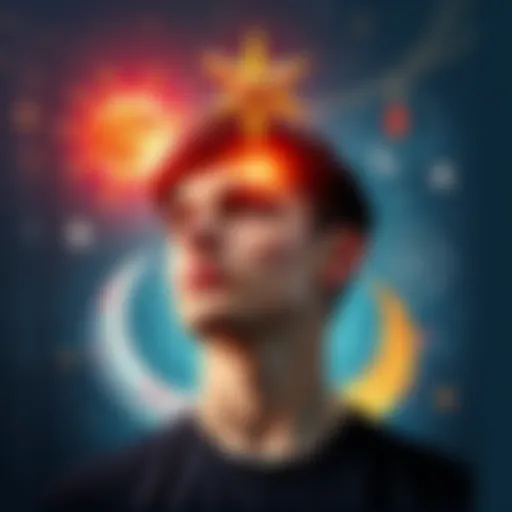 A person contemplating their self-awareness while surrounded by symbols of Thelema philosophy, such as a star and a crescent moon, representing confidence and knowledge.