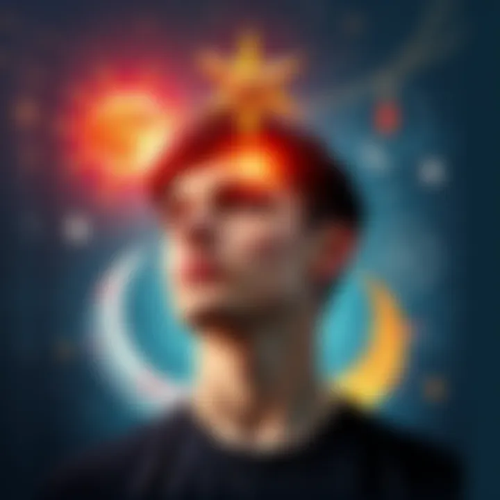 A person contemplating their self-awareness while surrounded by symbols of Thelema philosophy, such as a star and a crescent moon, representing confidence and knowledge.