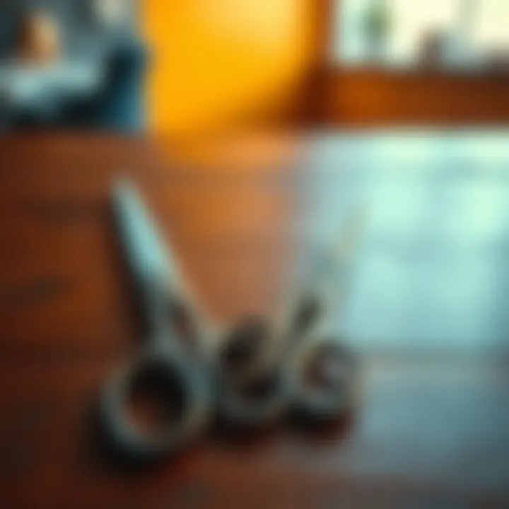 A pair of shiny scissors and their exact duplicate placed side by side on a wooden table