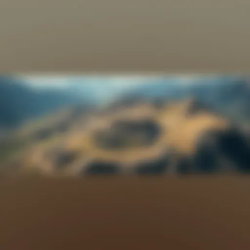 Aerial view of the Durupınar anomaly site in Turkey, hinting at its possible connection to Noah's Ark, with a rugged terrain and surrounding mountains.