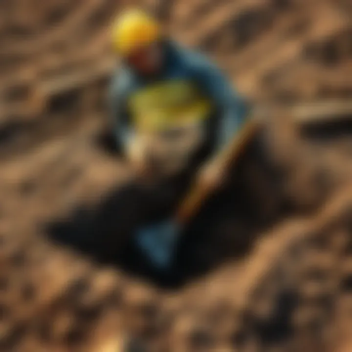 A person is digging a deep hole in the ground, surrounded by tools and dirt, looking unsure about the depth, indicating a potential danger.