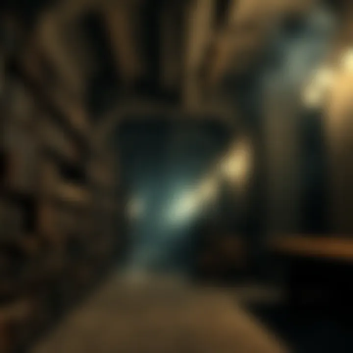 A dimly lit basement library filled with old books and a mysterious sulfuric haze in the air.