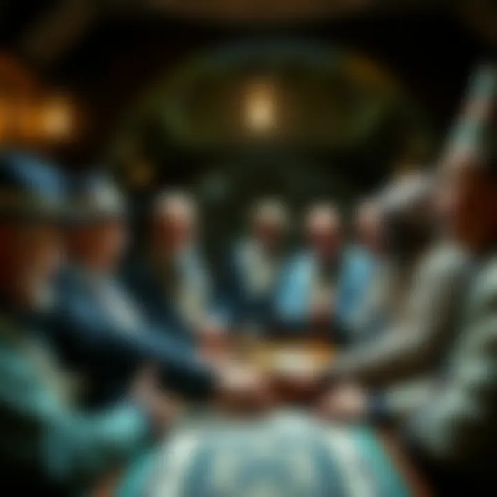 A group of members at the Dutch lodge welcomes a new Fellow Craft during a ritual, highlighting community spirit and the trading board,