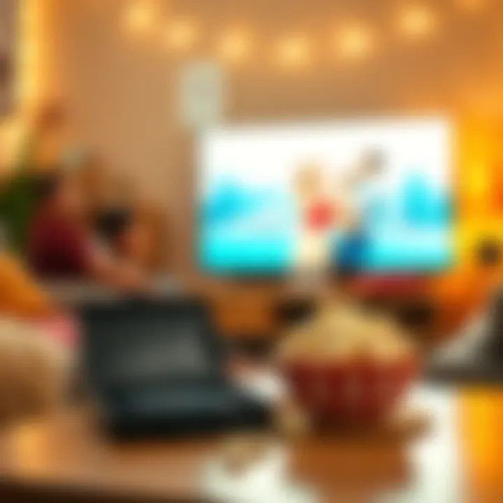 A cozy living room setup with a DVD case on a table, popcorn bowl nearby, and a TV in the background displaying a light-hearted film, perfect for a fun Saturday night.