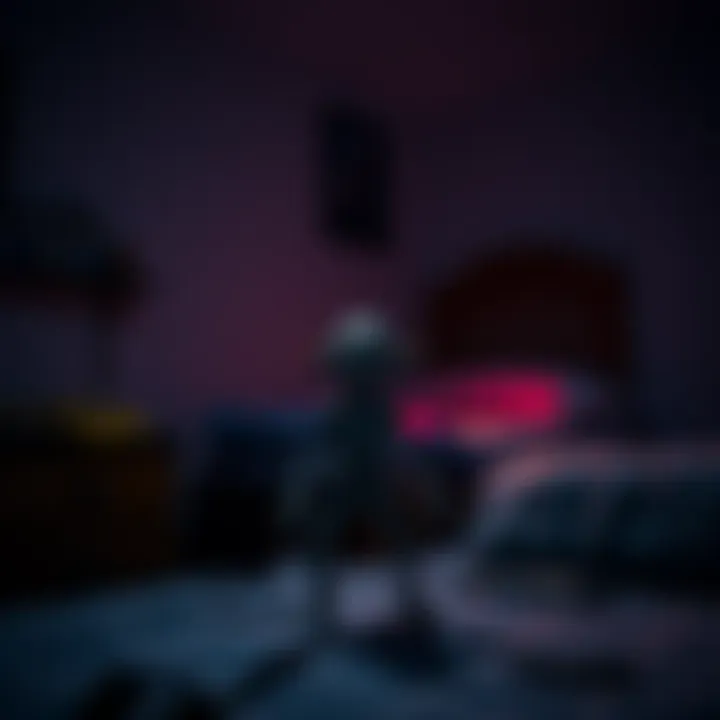 Dwarf-like Creature by Bed A small, dwarf-like creature standing at the foot of a bed in a dark dormitory room, evoking fear and disbelief.