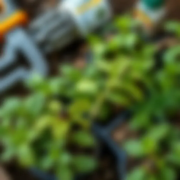 Dying Mint and Dill Plants A close-up of wilted mint and dill plants showing signs of distress, with some yellowing leaves and dry tips, surrounded by gardening tools and a small bottle of plant food.