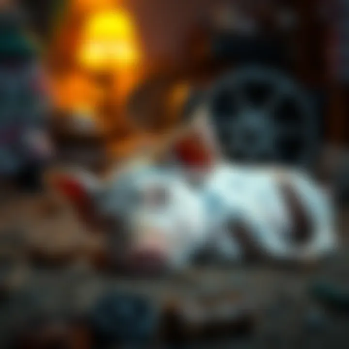 A sad, lifeless pig lying on the ground, evoking feelings of grief. The background hints at familiar life elements, suggesting personal memories.