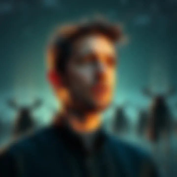 Dylan Borland speaking about his belief that greys may be demons, with a backdrop of stars and shadowy figures representing greys