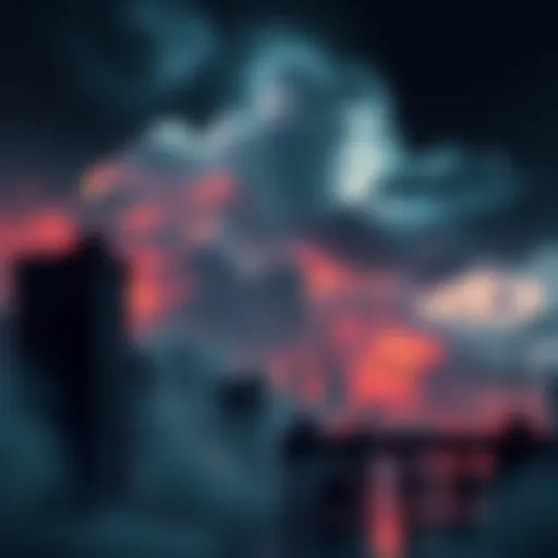 A dark city skyline with crumbling buildings and ominous clouds, reflecting a sense of fear and uncertainty.