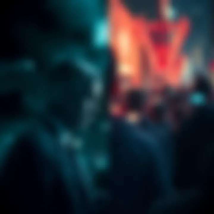 A split scene showing a dark, oppressive cityscape on one side and a distracted crowd engrossed in screens on the other.