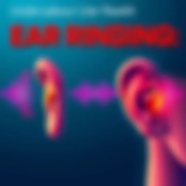 Illustration showing sound waves around a left ear and a right ear, indicating different intensities of ringing in each ear.