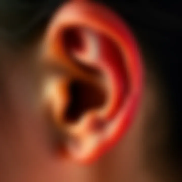 Close-up of an ear showing a darkened concha area contrasting with normal skin tone