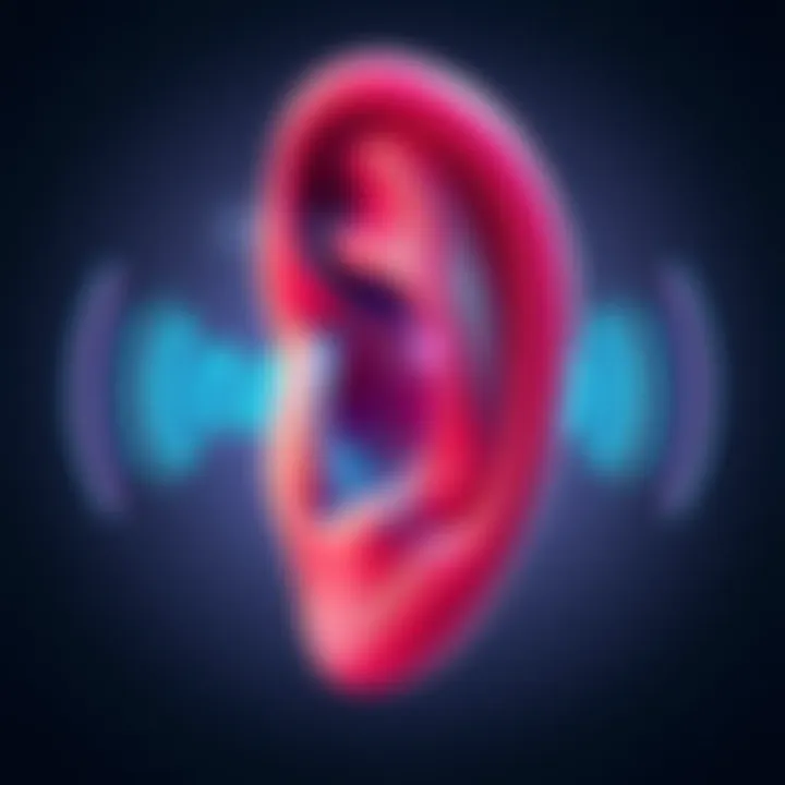 Illustration of an ear with sound waves indicating ringing sounds, highlighting auditory health awareness.
