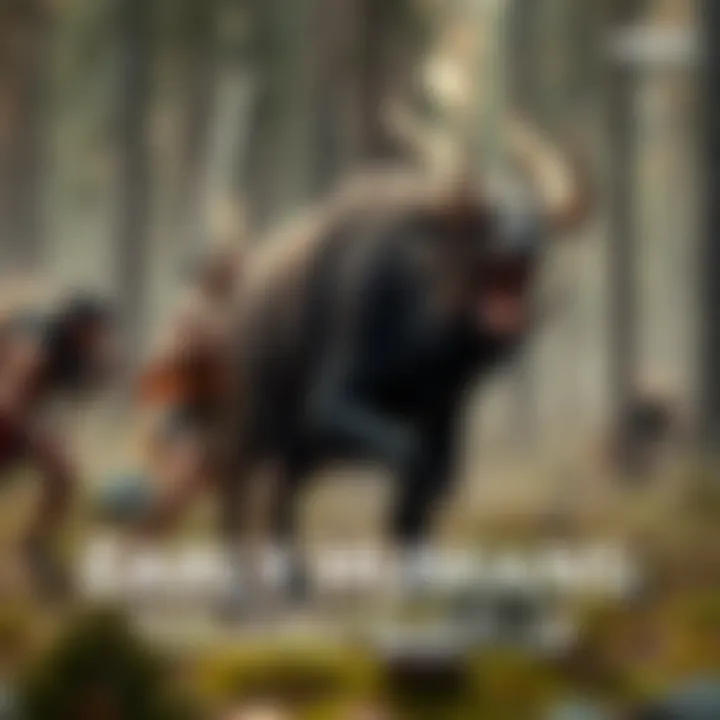Early humans working together to hunt a large animal in a forest setting