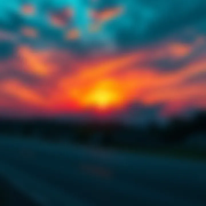 Early Morning Sunrise A peaceful sunrise showing vibrant colors in the sky, symbolizing the start of a new day and the concept of waking up early.