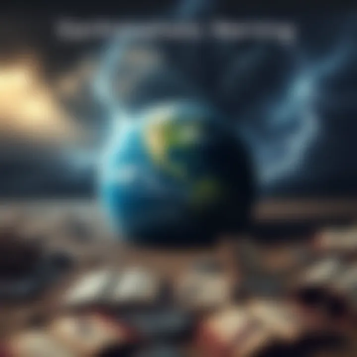 A somber landscape showing a cracked Earth with dark clouds and lightning, symbolizing an impending disaster. Ancient texts and modern warnings lie scattered on the ground.