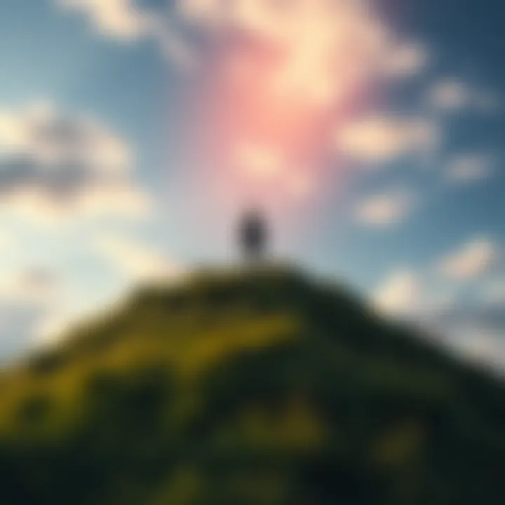 Earth and Humanity Connection A person standing on a grassy hill looking up at the sky, symbolizing the bond between humanity and the planet