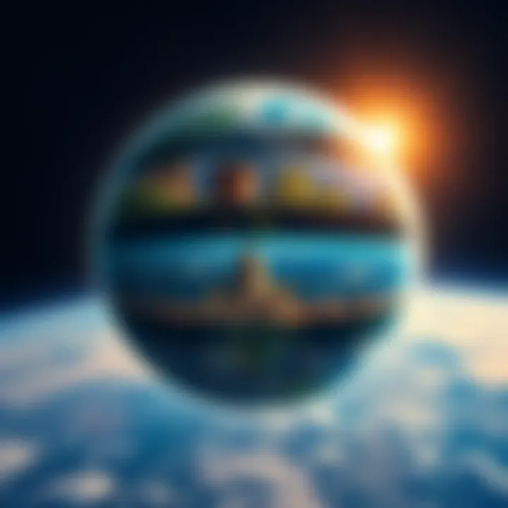 A visual representation of Earth with multiple layers, each showing different landscapes and cultural elements, symbolizing parallel universes.