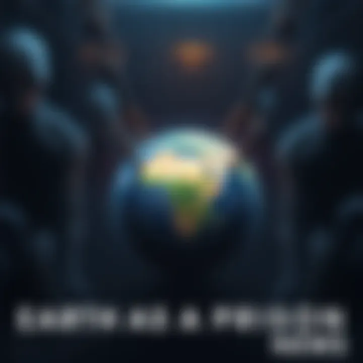 A dark, shadowy representation of Earth surrounded by chains, symbolizing imprisonment with eerie figures lurking in the background.