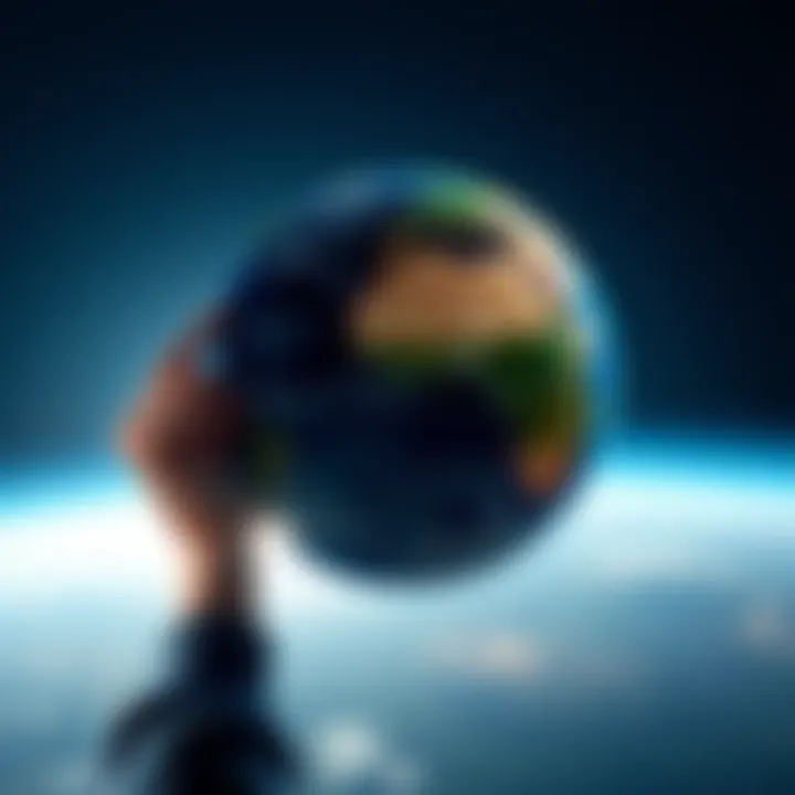 A person holding a globe while pointing at its curved surface, illustrating the round shape of the Earth.