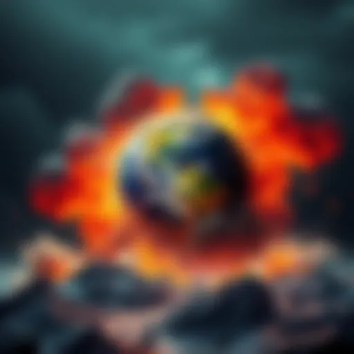 A depiction of Earth facing major natural disasters like earthquakes, floods, and volcanic eruptions, symbolizing cyclic cataclysms and pole shifts.