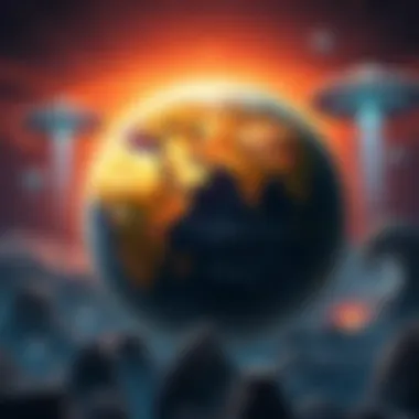 A visual representation of Earth's 4.5 billion years juxtaposed with 6,000 years of civilization, featuring UFOs and ancient artifacts in the background.