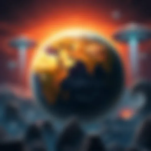 A visual representation of Earth's 4.5 billion years juxtaposed with 6,000 years of civilization, featuring UFOs and ancient artifacts in the background.