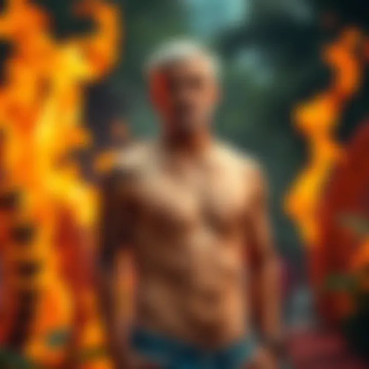 A person with a Taurus tattoo on one arm and a Virgo symbol on the other, standing confidently among vibrant flames and lush greenery, symbolizing the blend of Earth and Fire elements.