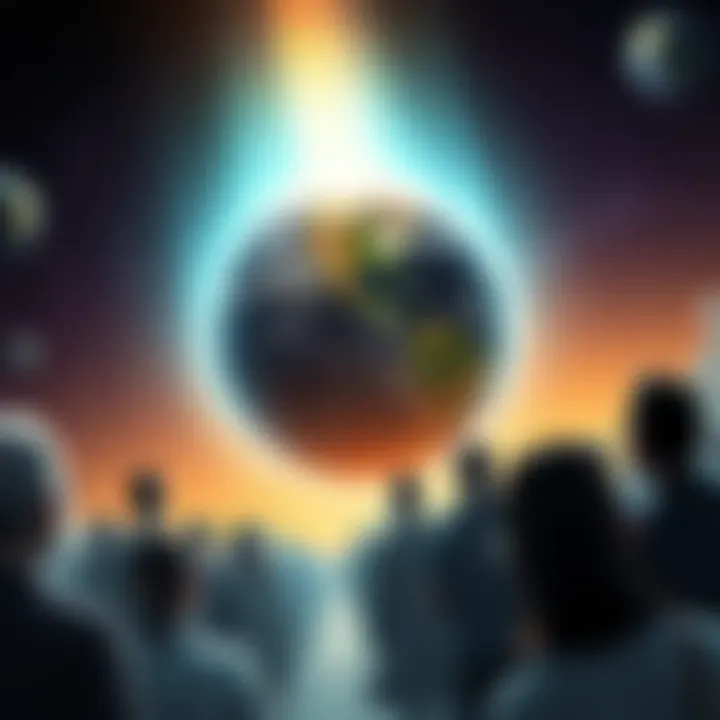 Earth Losing Gravity A dramatic illustration of Earth with a visual effect showing gravity disappearing for a brief moment, surrounded by curious people looking up in wonder.