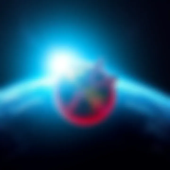 A view of Earth surrounded by a bright peace symbol, representing the call to eliminate nuclear weapons for a peaceful future.