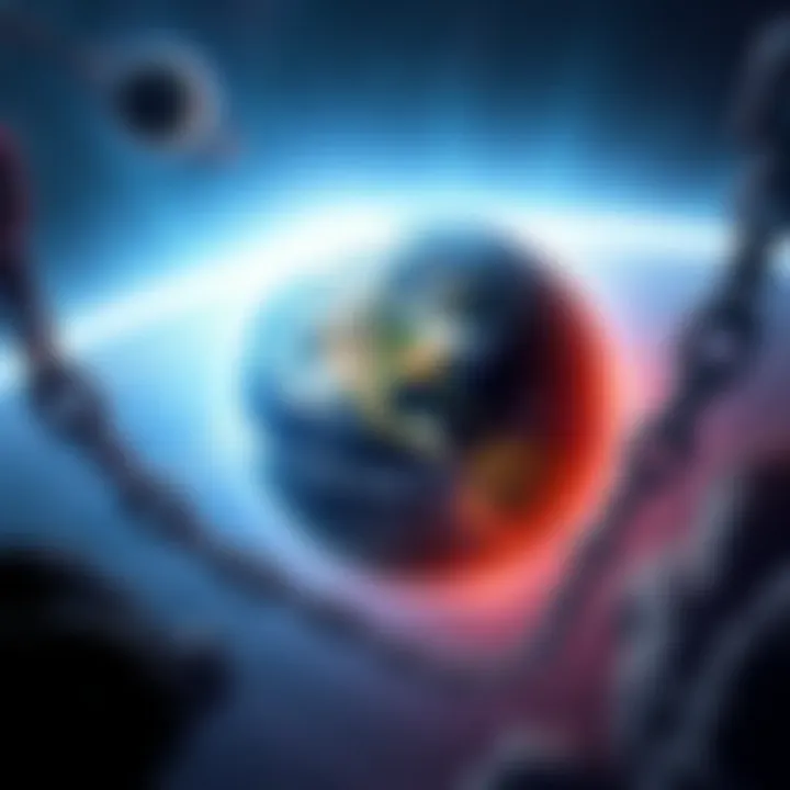 A remote viewer gazes into a cosmic landscape, seeing Earth surrounded by chains symbolizing confinement.