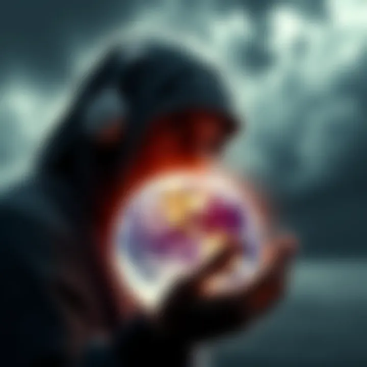 A remote viewer gazes at a globe, suggesting Earth's reality as a prison planet. The viewer holds a crystal ball, indicating psychic abilities. Dark clouds loom above, symbolizing hidden truths.