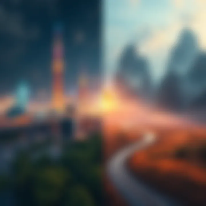 A split image showing a vibrant, utopian city on one side representing instant transformation and a serene, gradually evolving landscape on the other side depicting gradual change.