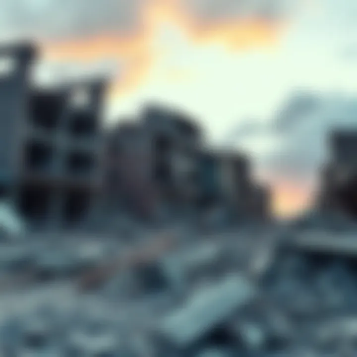 Destruction from a recent earthquake with wrecked buildings and debris scattered