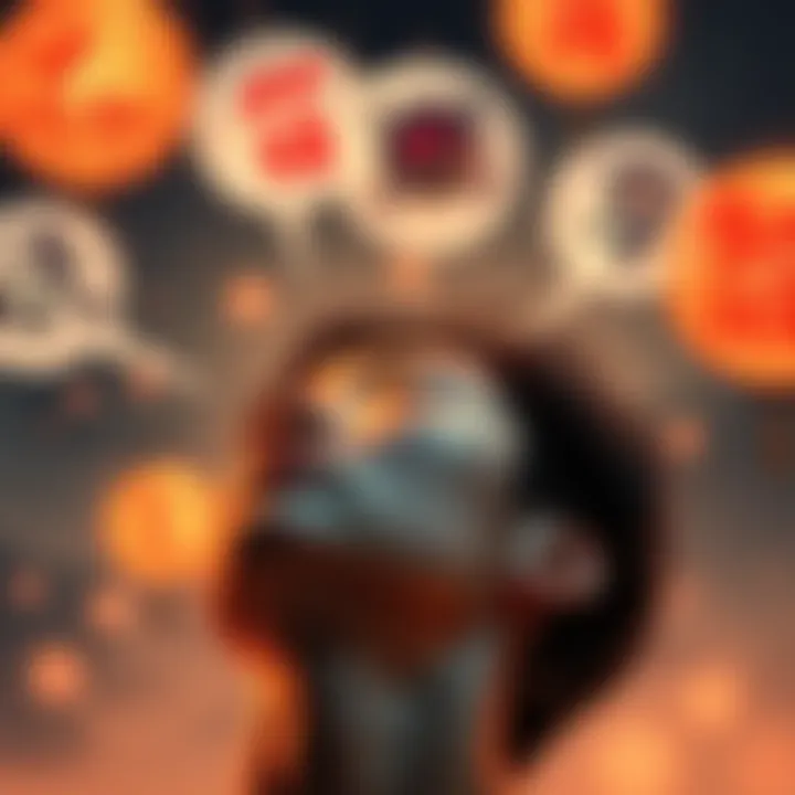 A person dreaming with Chinese and Korean characters appearing in thought bubbles above their head