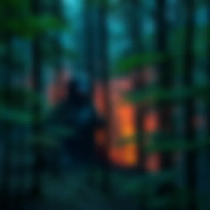 A lush forest in East Tennessee with hints of mythical creatures peeking through the trees, symbolizing local legends and folklore.