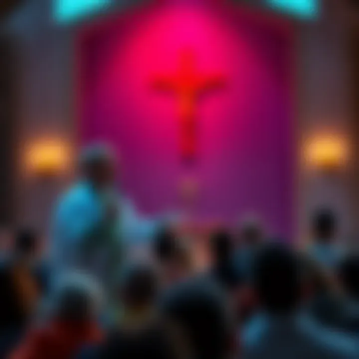 Easter Sermon at UCC Church A UCC pastor delivering an Easter sermon in front of a congregation, highlighting the Gospel of Truth with a cross in the background