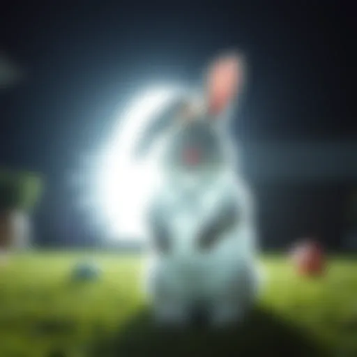 A glowing Easter Bunny standing in a yard at night, with a sparkling portal behind it